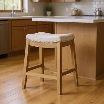 26" Natural Fabric Faux Leather and Solid Wood Backless Counter Height Bar Chair