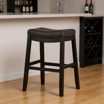 31" Charcoal and Black Faux Leather and Solid Wood Backless Bar Height Bar Chair
