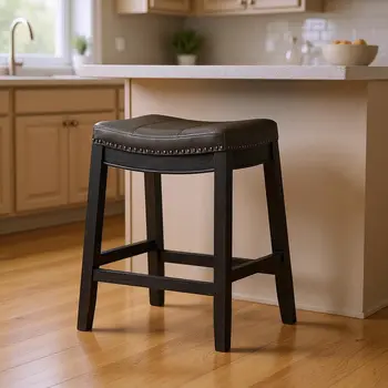 26" Charcoal and Black Faux Leather and Solid Wood Backless Counter Height Bar Chair