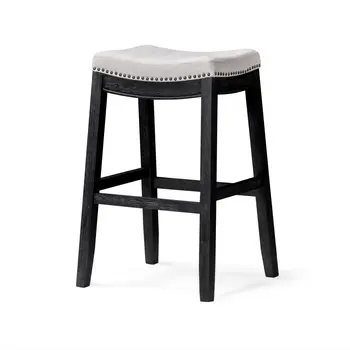31" White and Black Fabric and Solid Wood Backless Bar Height Bar Chair