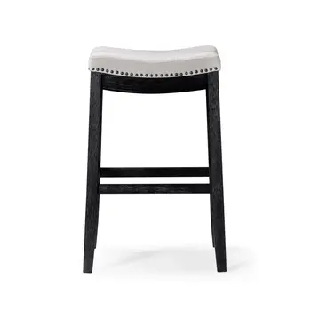 31" White and Black Fabric and Solid Wood Backless Bar Height Bar Chair