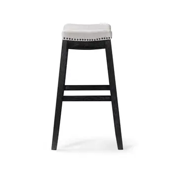 31" White and Black Fabric and Solid Wood Backless Bar Height Bar Chair