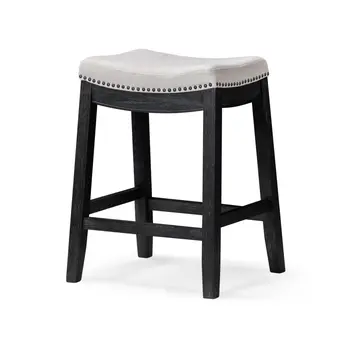 26" White and Black Fabric and Solid Wood Backless Counter Height Bar Chair