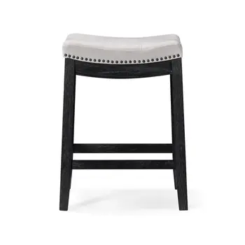 26" White and Black Fabric and Solid Wood Backless Counter Height Bar Chair