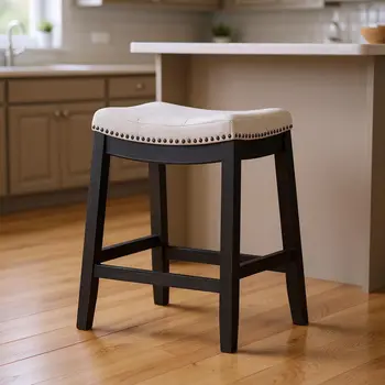 26" White and Black Fabric and Solid Wood Backless Counter Height Bar Chair