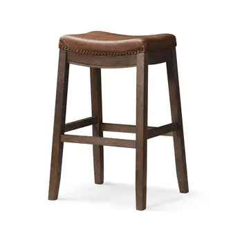 31" Brown Faux Leather and Solid Wood Backless Bar Height Bar Chair