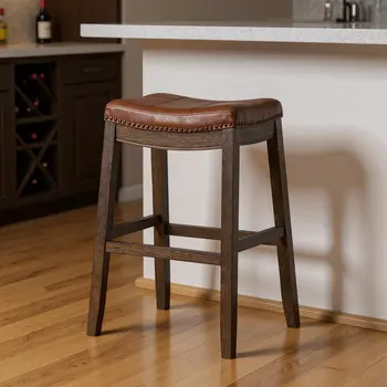 31" Brown Faux Leather and Solid Wood Backless Bar Height Bar Chair