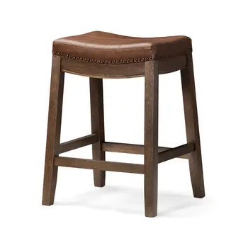 26" Brown Faux Leather and Solid Wood Backless Counter Height Bar Chair