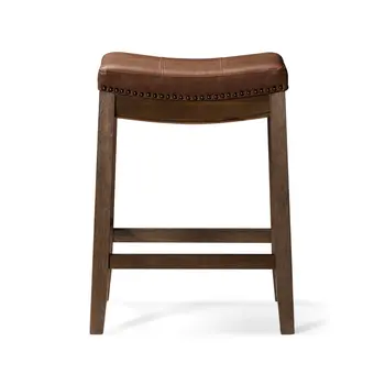 26" Brown Faux Leather and Solid Wood Backless Counter Height Bar Chair