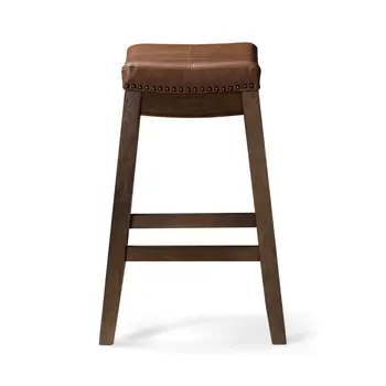 26" Brown Faux Leather and Solid Wood Backless Counter Height Bar Chair