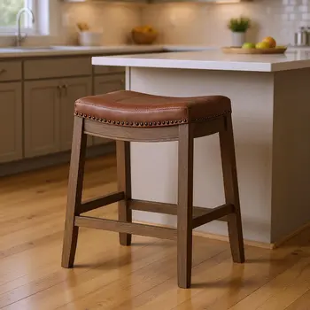 26" Brown Faux Leather and Solid Wood Backless Counter Height Bar Chair