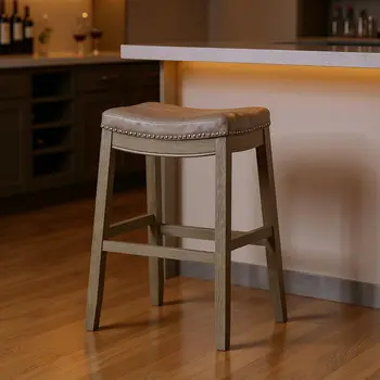 31" Gray and Cool Gray Faux Leather and Solid Wood Backless Bar Height Bar Chair