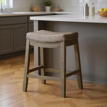 26" Gray and Cool Gray Faux Leather and Solid Wood Backless Counter Height Bar Chair