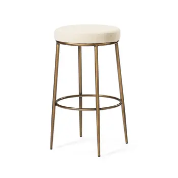 31" Ivory and Antiqued Brass Fabric and Metal Backless Bar Height Bar Chair