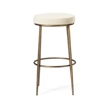 31" Ivory and Antiqued Brass Fabric and Metal Backless Bar Height Bar Chair