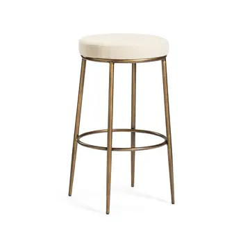 31" Ivory and Antiqued Brass Fabric and Metal Backless Bar Height Bar Chair