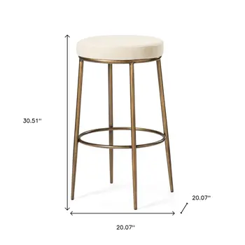 31" Ivory and Antiqued Brass Fabric and Metal Backless Bar Height Bar Chair