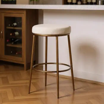 31" Ivory and Antiqued Brass Fabric and Metal Backless Bar Height Bar Chair