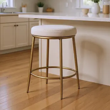 26" Ivory and Antiqued Brass Fabric and Metal Backless Counter Height Bar Chair
