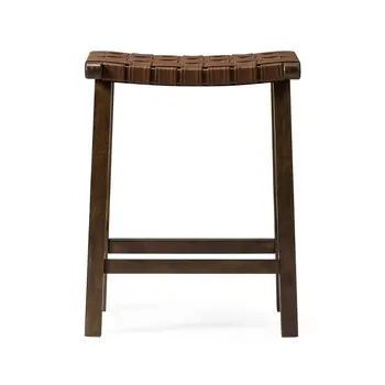 26" Brown Faux Leather and Solid Wood Backless Counter Height Bar Chair