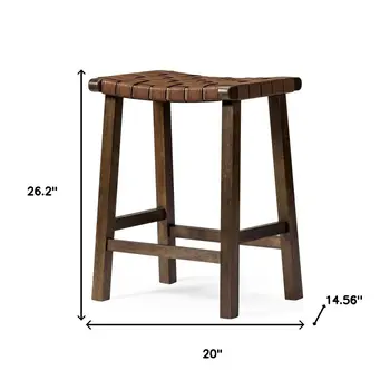 26" Brown Faux Leather and Solid Wood Backless Counter Height Bar Chair