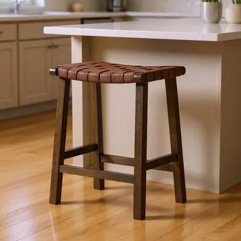 26" Brown Faux Leather and Solid Wood Backless Counter Height Bar Chair