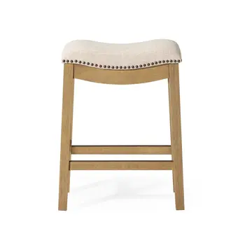 26" Beige and Natural Fabric and Solid Wood Backless Counter Height Bar Chair