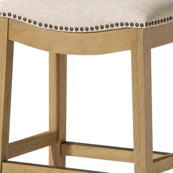 26" Beige and Natural Fabric and Solid Wood Backless Counter Height Bar Chair