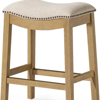 26" Beige and Natural Fabric and Solid Wood Backless Counter Height Bar Chair