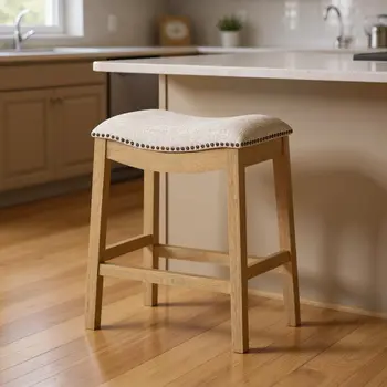 26" Beige and Natural Fabric and Solid Wood Backless Counter Height Bar Chair