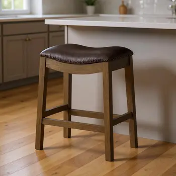 26" Brown Faux Leather and Solid Wood Backless Counter Height Bar Chair