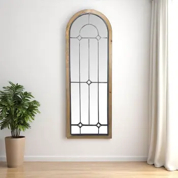 62" Brown Rustic Wood And Metal Arch Freestanding and Wall Mount Full Length Mirror