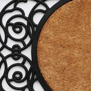 22" X 36" Black And Natural Geo Scrollwork Outdoor Rubber And Coir Door Mat