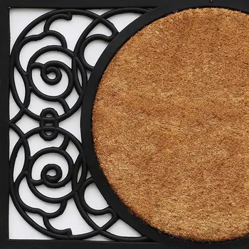 22" X 36" Black And Natural Geo Scrollwork Outdoor Rubber And Coir Door Mat