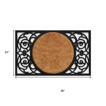 22" X 36" Black And Natural Geo Scrollwork Outdoor Rubber And Coir Door Mat