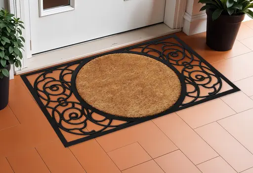 22" X 36" Black And Natural Geo Scrollwork Outdoor Rubber And Coir Door Mat
