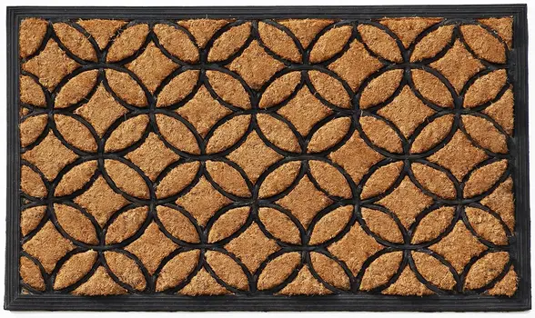 24" X 36" Black And Natural Geometric Outdoor Coir And Rubber Door Mat