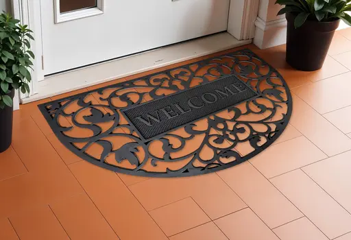 24" X 36" Black Scrollwork Welcome Semi Circle Outdoor Rubber Door Mat