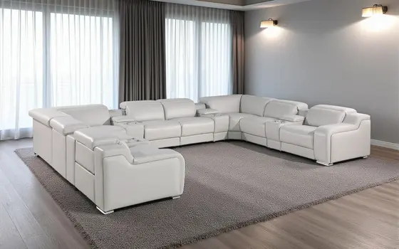 Light Gray Italian Leather Power Reclining U Shaped Twelve Piece Corner Sectional With Console