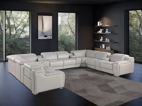 Light Gray Italian Leather Power Reclining U Shaped Twelve Piece Corner Sectional With Console