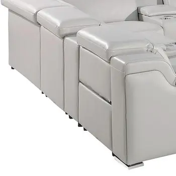 Light Gray Italian Leather Power Reclining U Shaped Twelve Piece Corner Sectional With Console