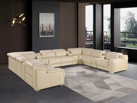 Beige Italian Leather Power Reclining U Shaped Twelve Piece Corner Sectional With Console