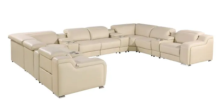 Beige Italian Leather Power Reclining U Shaped Twelve Piece Corner Sectional With Console