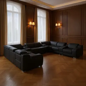 Black Italian Leather Power Reclining U Shaped Twelve Piece Corner Sectional With Console