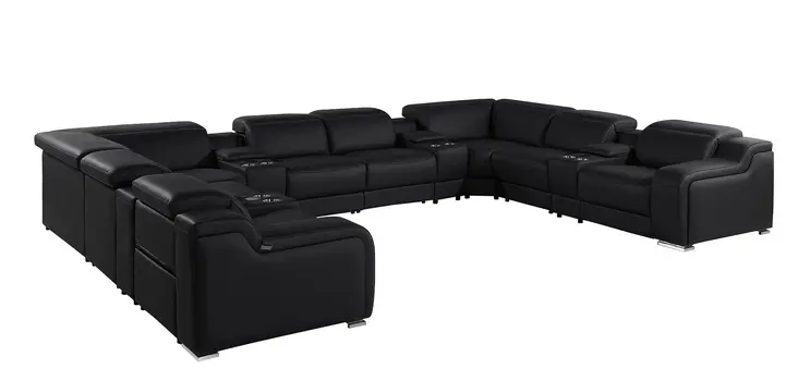 Black Italian Leather Power Reclining U Shaped Twelve Piece Corner Sectional With Console