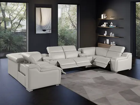 Light Gray Italian Leather Power Reclining U Shaped Eight Piece Corner Sectional With Console