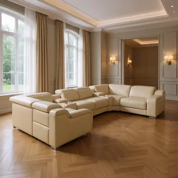 Beige Italian Leather Power Reclining U Shaped Eight Piece Corner Sectional With Console