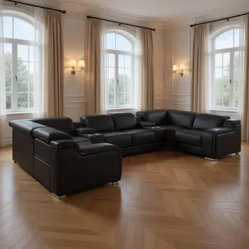 Black Italian Leather Power Reclining U Shaped Eight Piece Corner Sectional With Console
