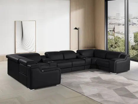 Black Italian Leather Power Reclining U Shaped Eight Piece Corner Sectional With Console