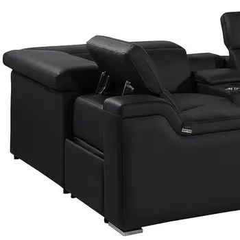 Black Italian Leather Power Reclining U Shaped Eight Piece Corner Sectional With Console